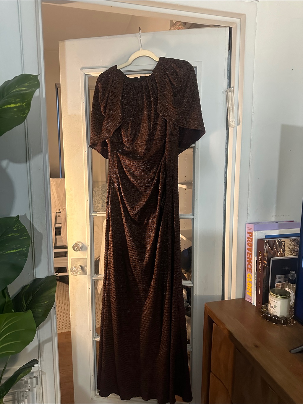 Adrianna Papell Chocolate Brown Maxi Dress With Puff Sleeves